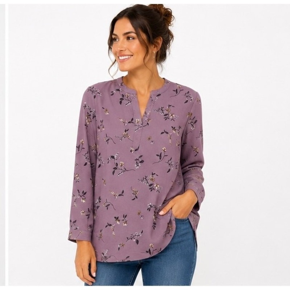 Hillary Radley Women's Mauve Floral Split Neck Blouse Medium NWT - Hilary Radley